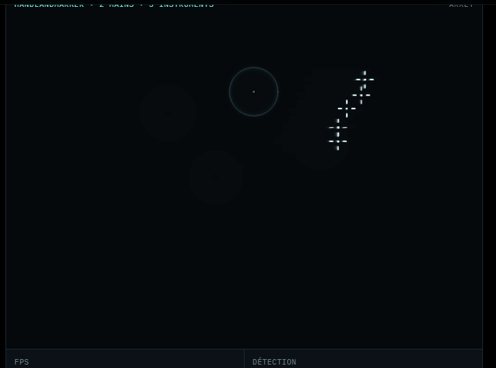 Visuel : réticules aux bouts des doigts et ondes de note, une seule couleur cyan