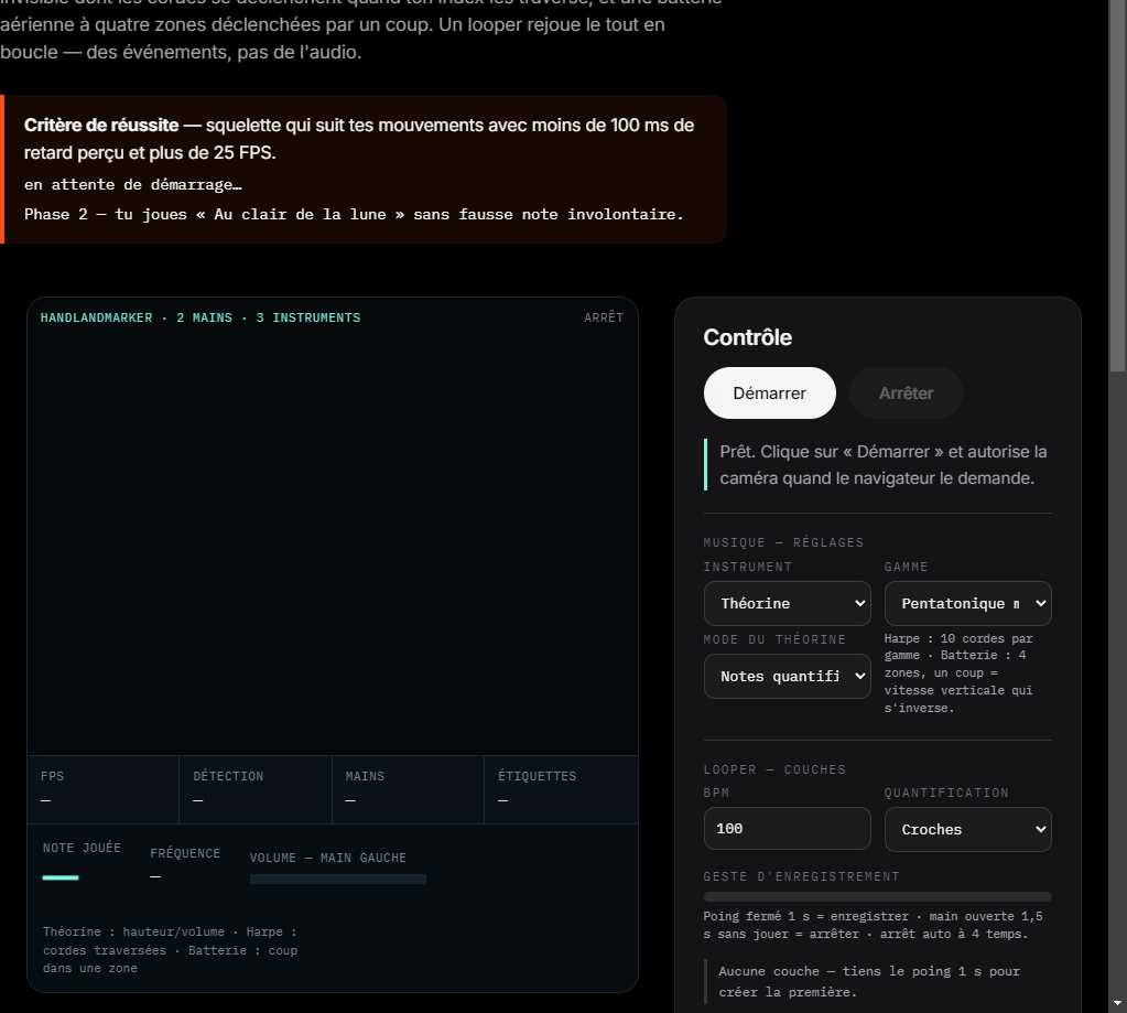Capture de la page instrument : squelette de main suivi par la webcam, panneau de contrôle à droite